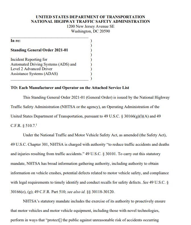 NHTSA新规则：汽车公司必须报告自动驾驶汽车的碰撞事故1