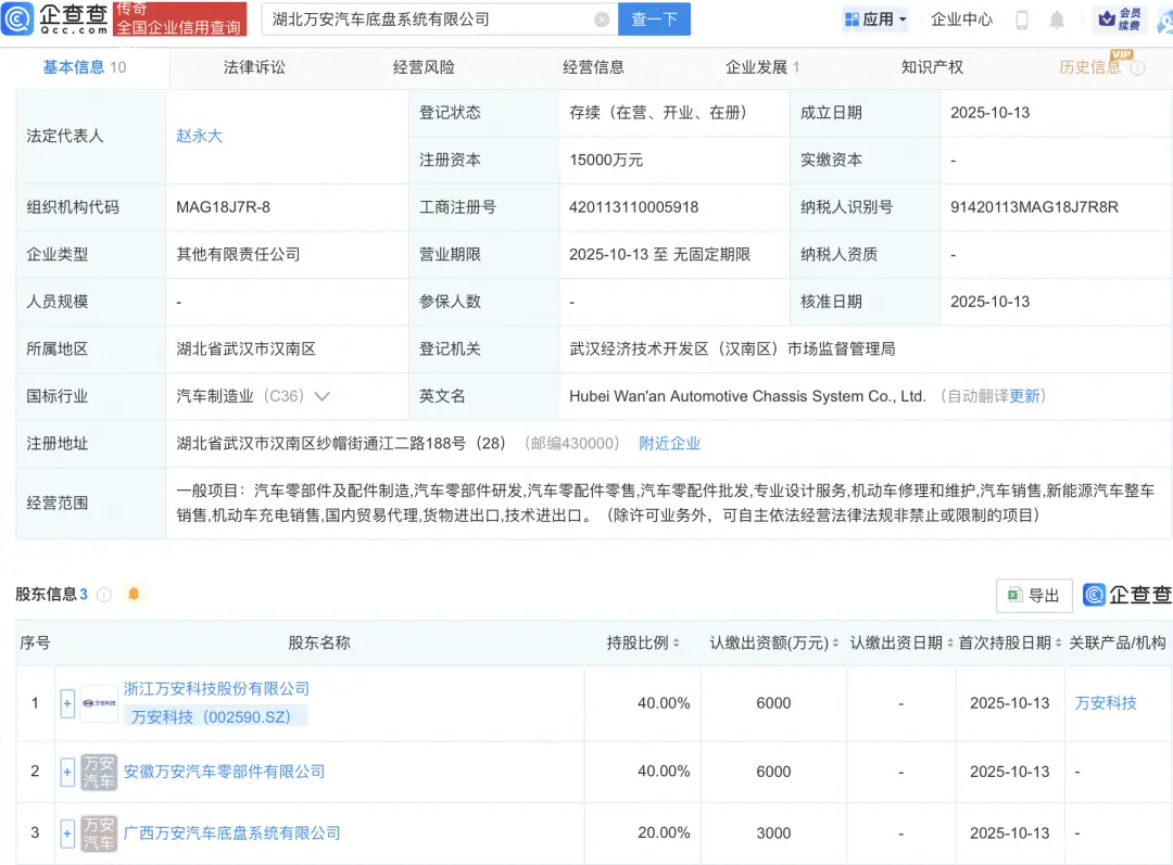 万安科技在湖北成立汽车底盘系统公司_显示_零部件_配件